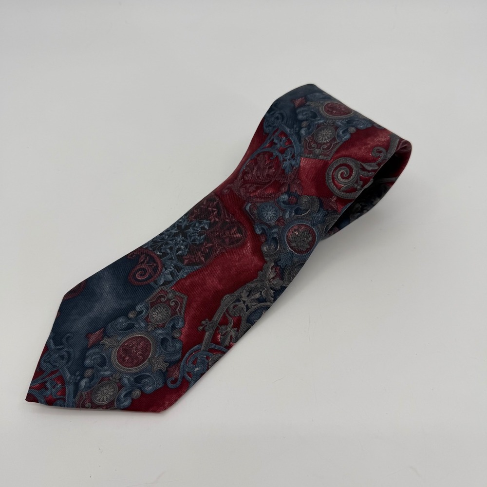 Vtg 90s Courtenay Tie Mens Silk Red Blue Gray Ornate Medallion Baroque Abstract